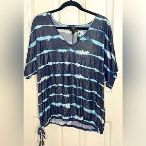 JM Collection Navy Turquoise & White Sparkle Tee w Side Tie